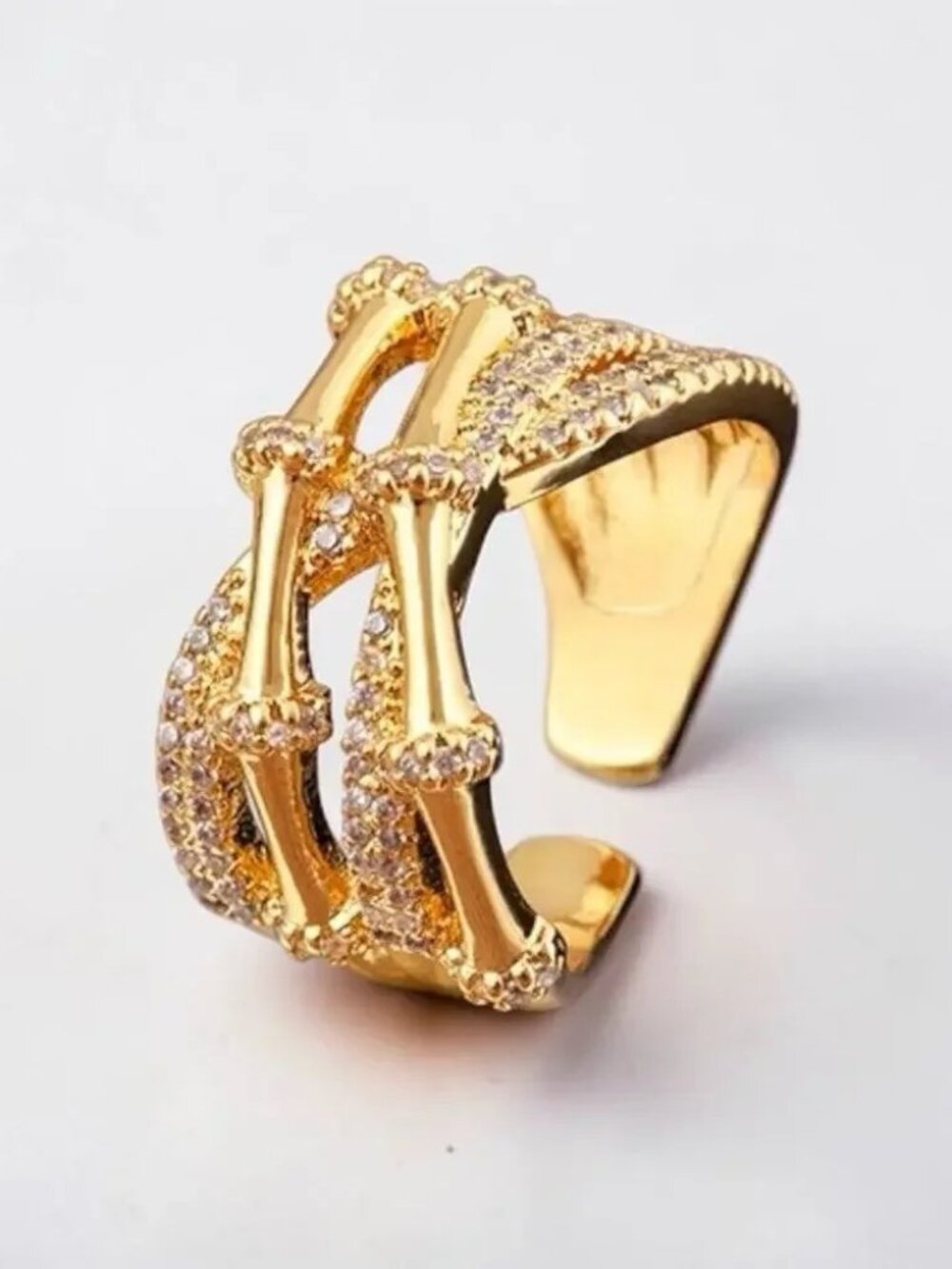 Art Deco Abstract Ring Bamboo Sz 7 Bone Pave Gold CZ Boho Statement Ribbed Cuff